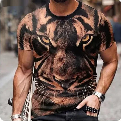 Men's black t-shirt with a large, fierce 3D lion graphic print on the front