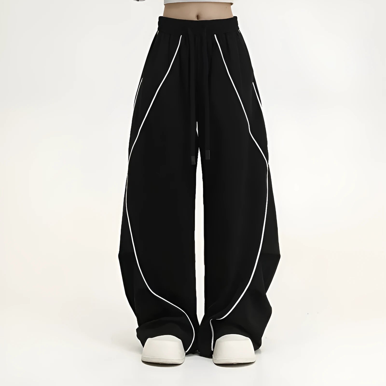 Black striped hip hop sports trousers with pleated wide-leg design on a mid waist