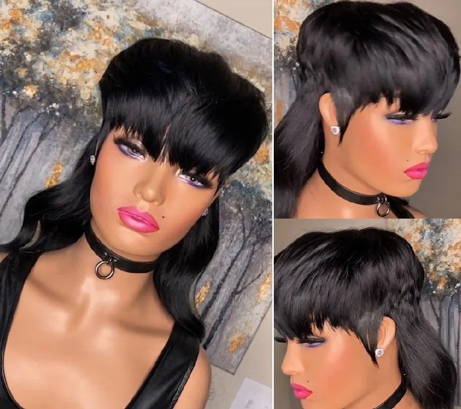 Black Brazilian wig with short front and long back hair, made from synthetic high-temperature fibre.