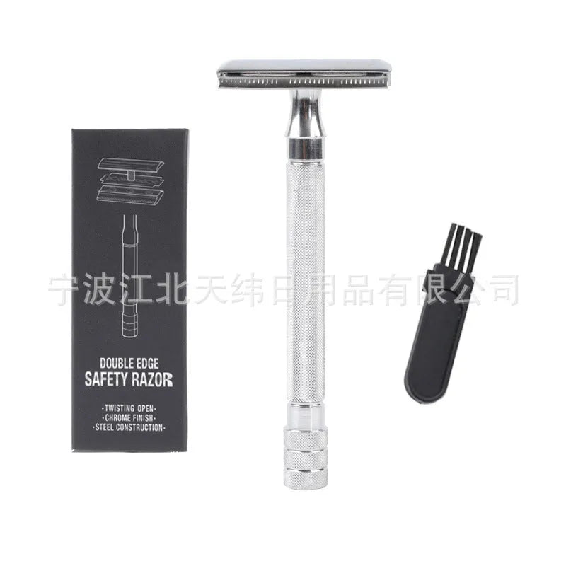 Traditional manual shaving razor with metal scraper and brush in black or silver finish