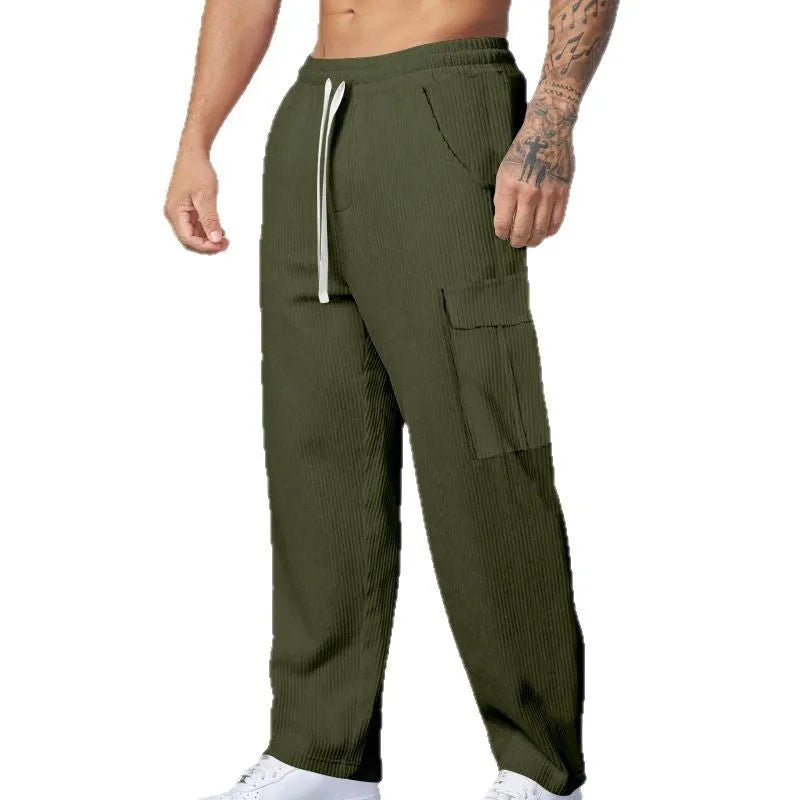 Men's corduroy cargo trousers in straight-leg design with micro-elastic waist and drawstring closure