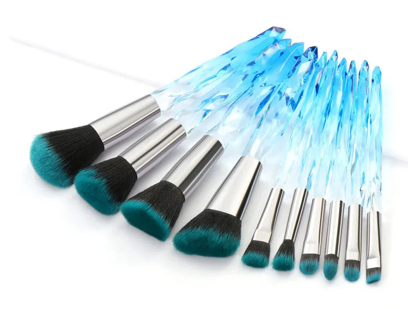 10 crystal handled foundation brushes with synthetic bristles in black blue red yellow colours