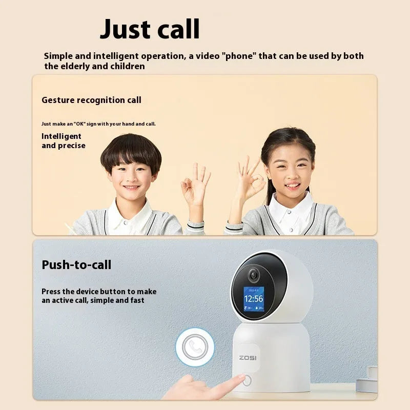 Zhou Shi white indoor wireless security camera with built-in screen on a screw-fixed wall bracket.