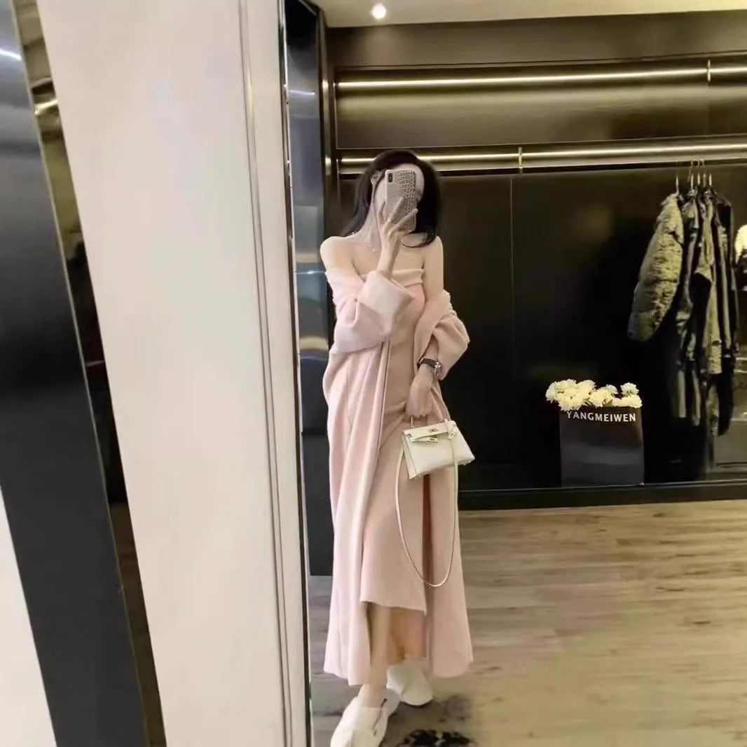 Women's gray knitted cardigan dress suit set with matching coat and flocking detail