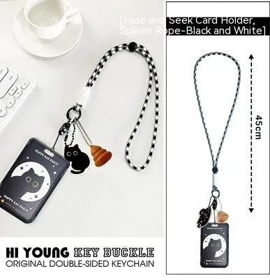 Cartoon black cat plastic card sleeve holder with a silver ferrule pendant attached.