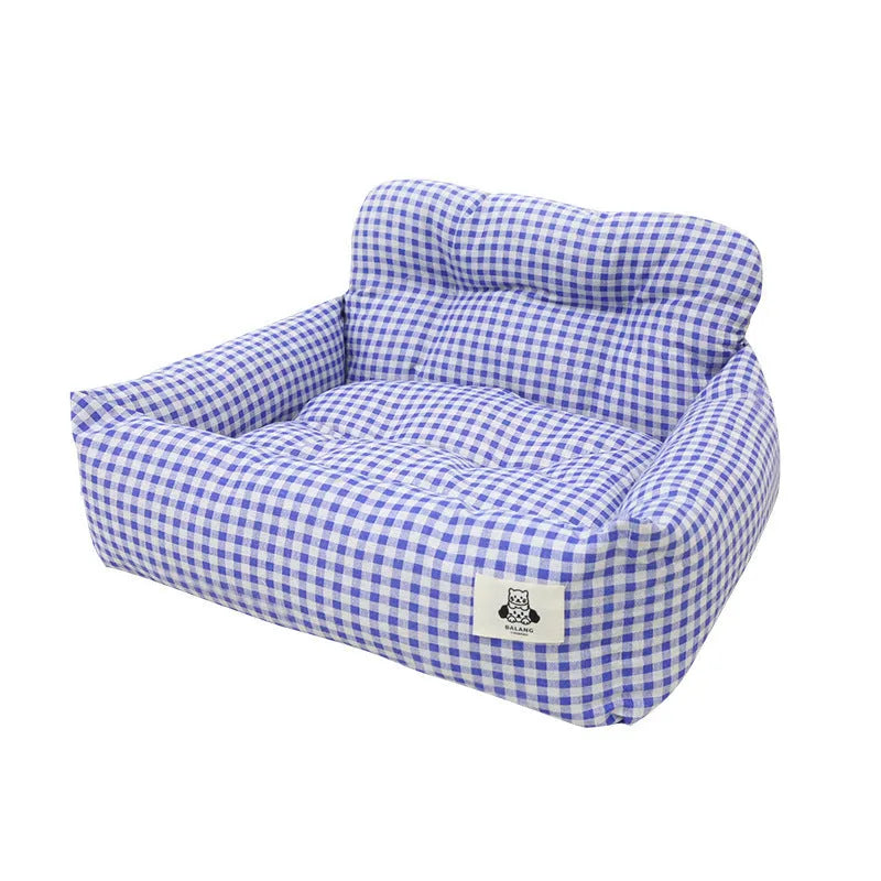 Car-mounted stain-resistant cloth pet outing nest for dogs in blue plaid or grey, small and large sizes