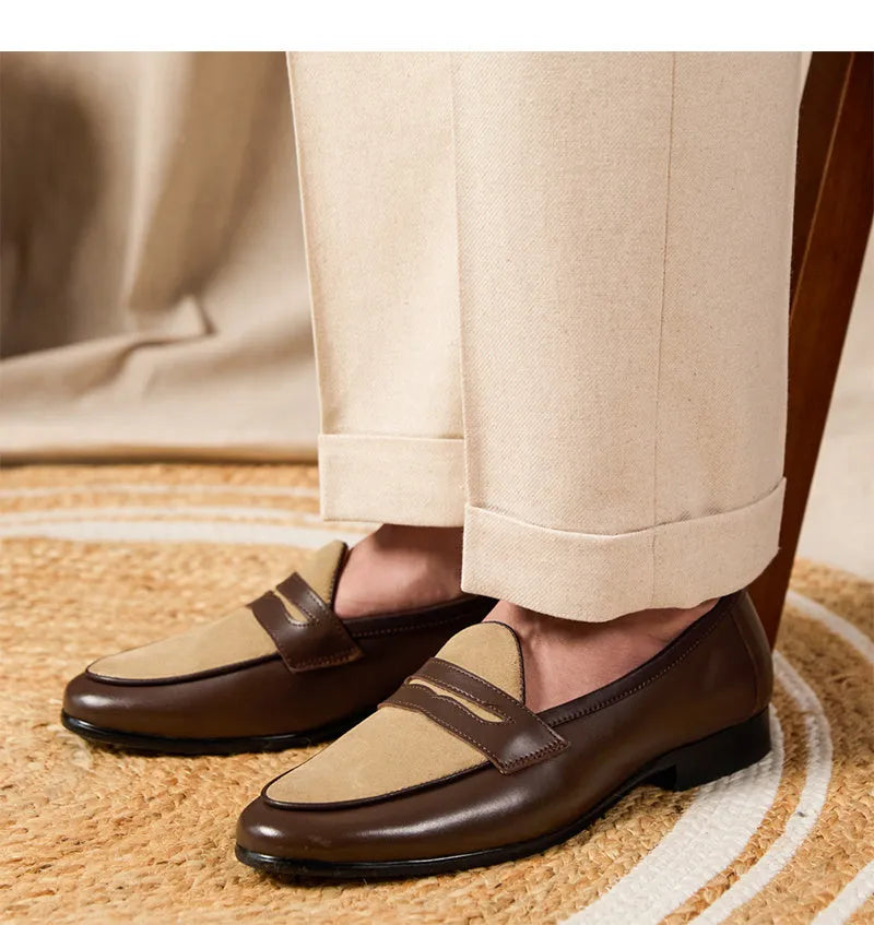 Men's coffee grey suede leather loafers in British style with a slip-on design
