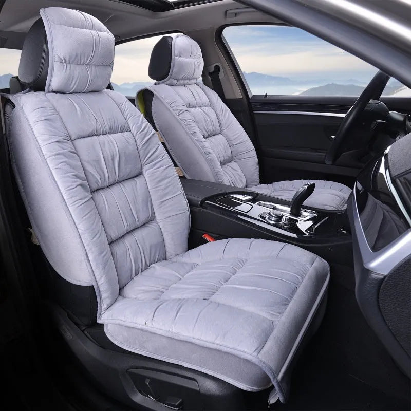 Short plush winter car seat cushion available in multiple colours including black, beige, grey, brown, and purple.