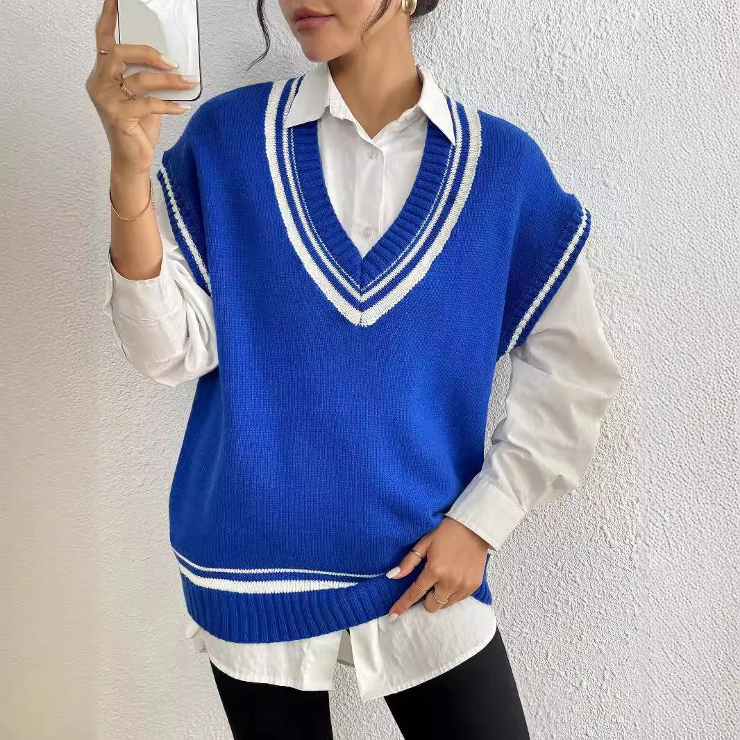Women's college style casual vest sweater in loose fit with acrylic polyester blend fabric