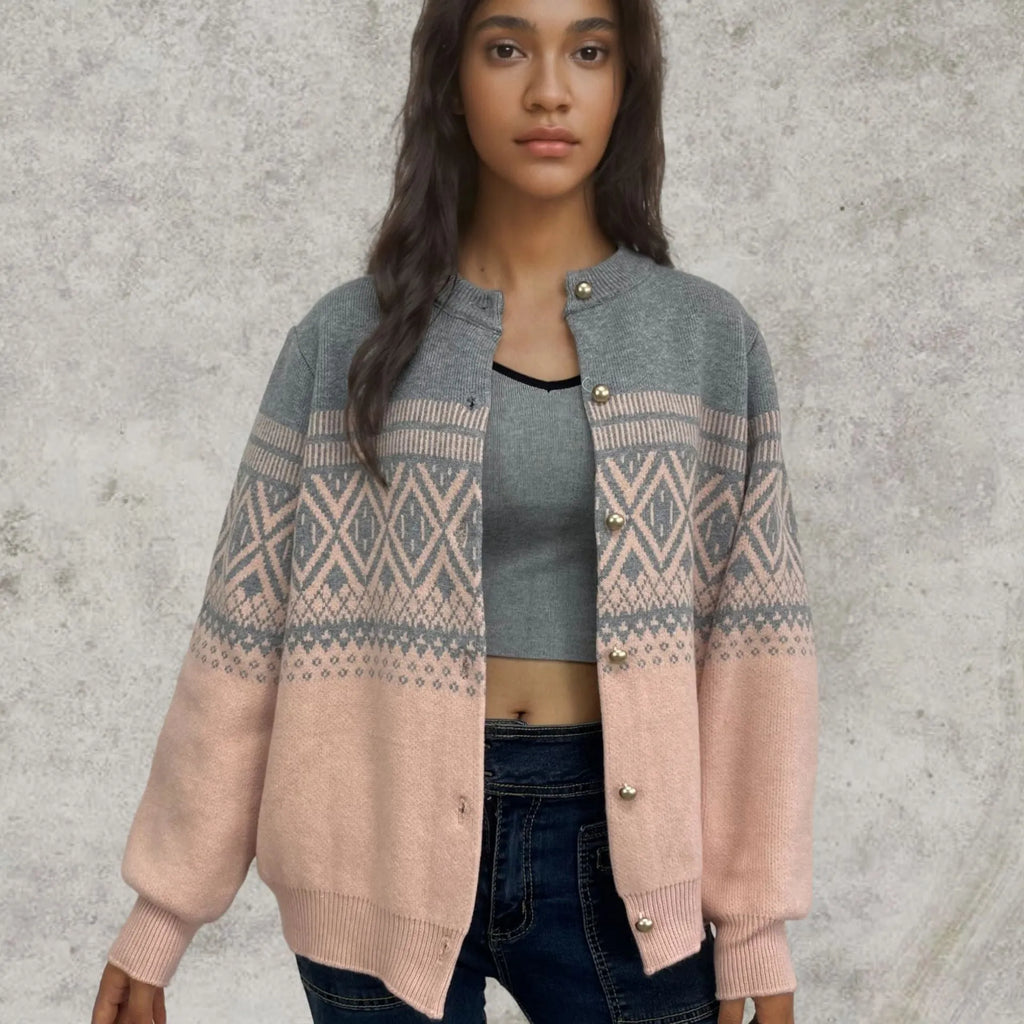 Women's red alpaca wool cardigan with grey diamond knit pattern and long sleeves