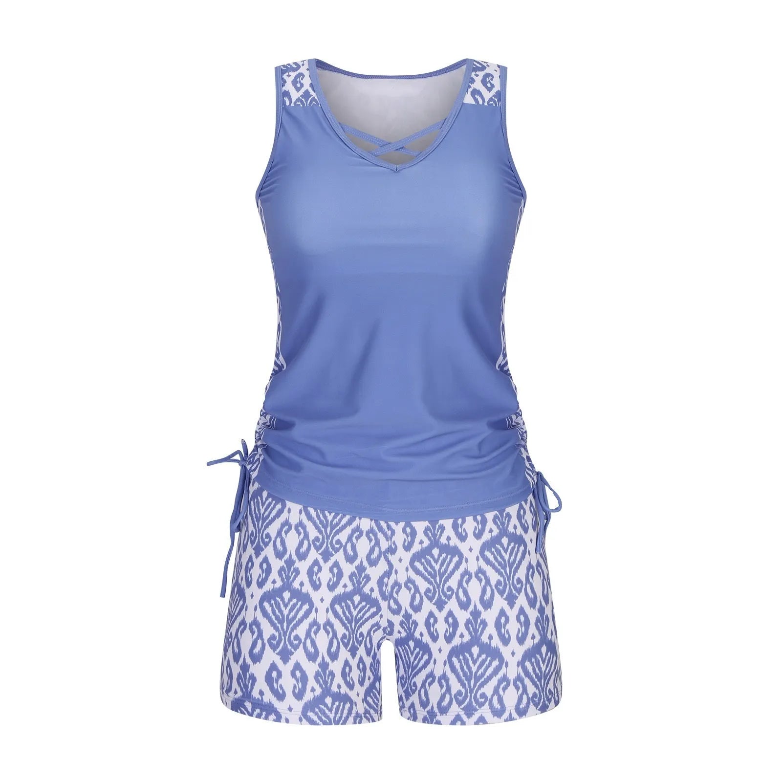 Women's printed lace two-piece swimsuit with floral pattern in blue colour