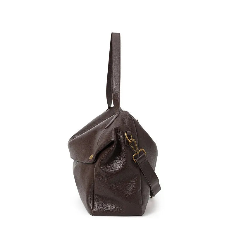 Brown genuine leather women's commuter shoulder bag with horizontal square shape and shoulder strap