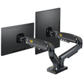 Dual monitor desk clamp bracket showing VESA mounting arms and height adjustment mechanism.
