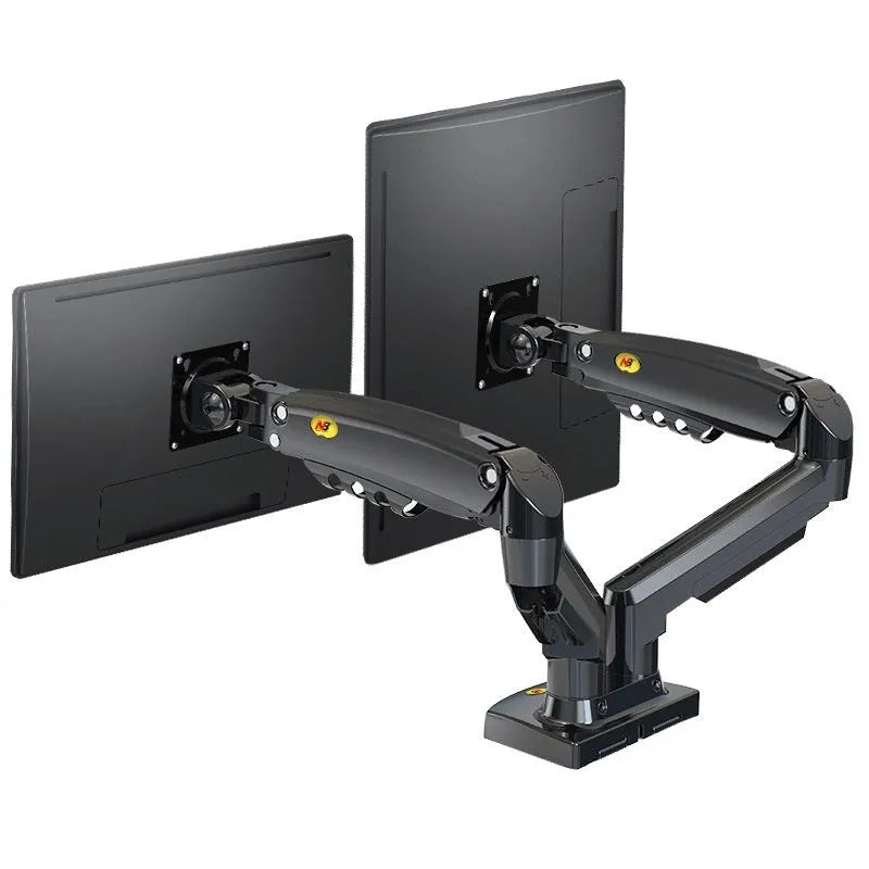 Dual monitor desk clamp bracket showing VESA mounting arms and height adjustment mechanism.