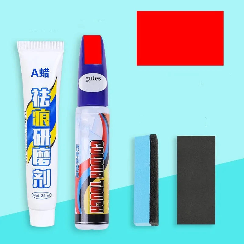 Automotive paint repair pen kit with touch-up paint, scratch wax, sponge and sandpaper