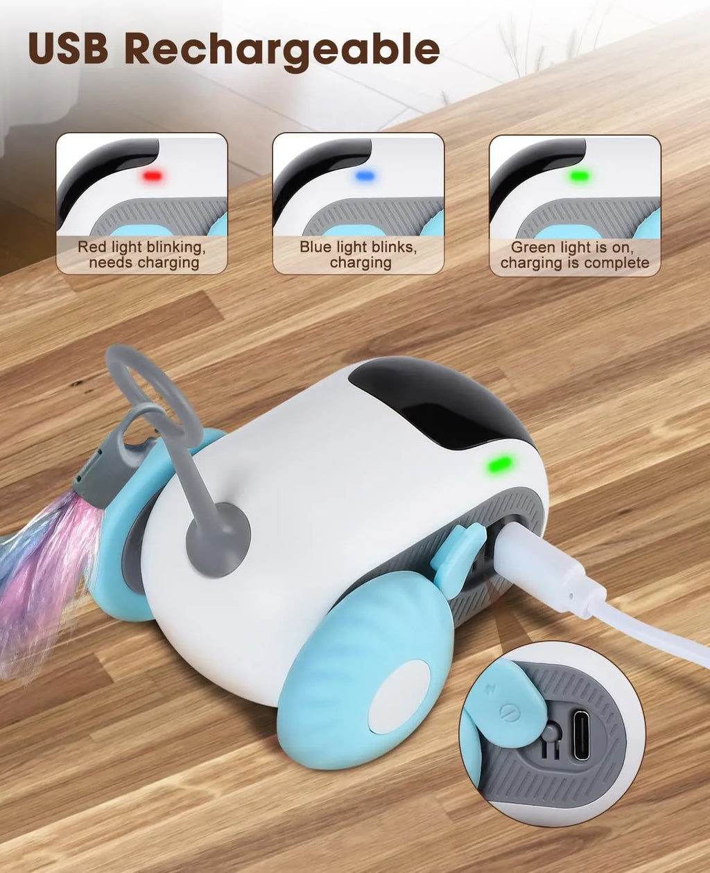 Smart cat toy car with feather teaser in blue and orange colour options