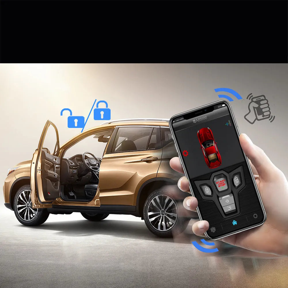 Red and frosted black car alarm system with remote controls showing 3000m range and 115dB siren specifications