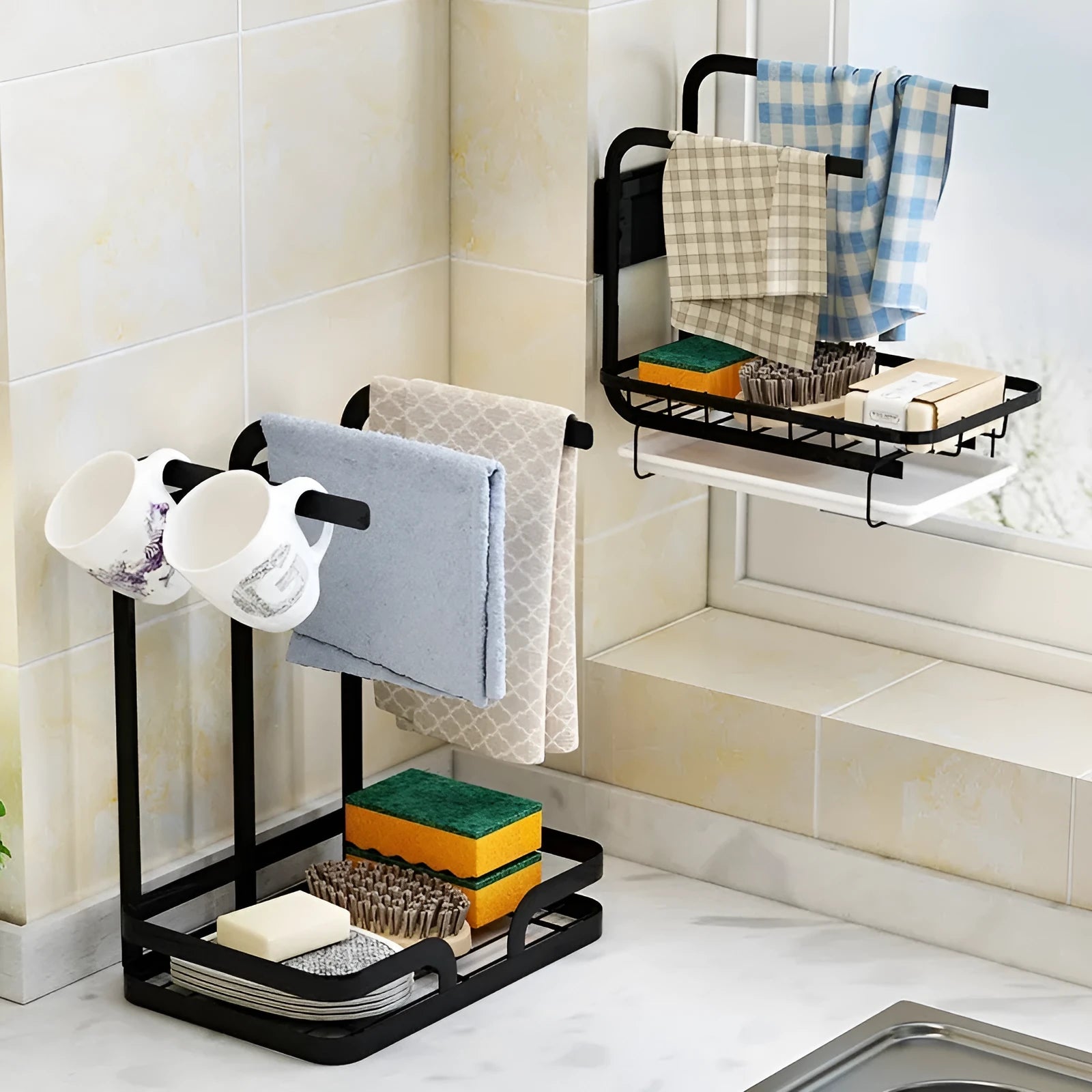 Foldable kitchen storage rack for draining rags with wall or tabletop mounting options