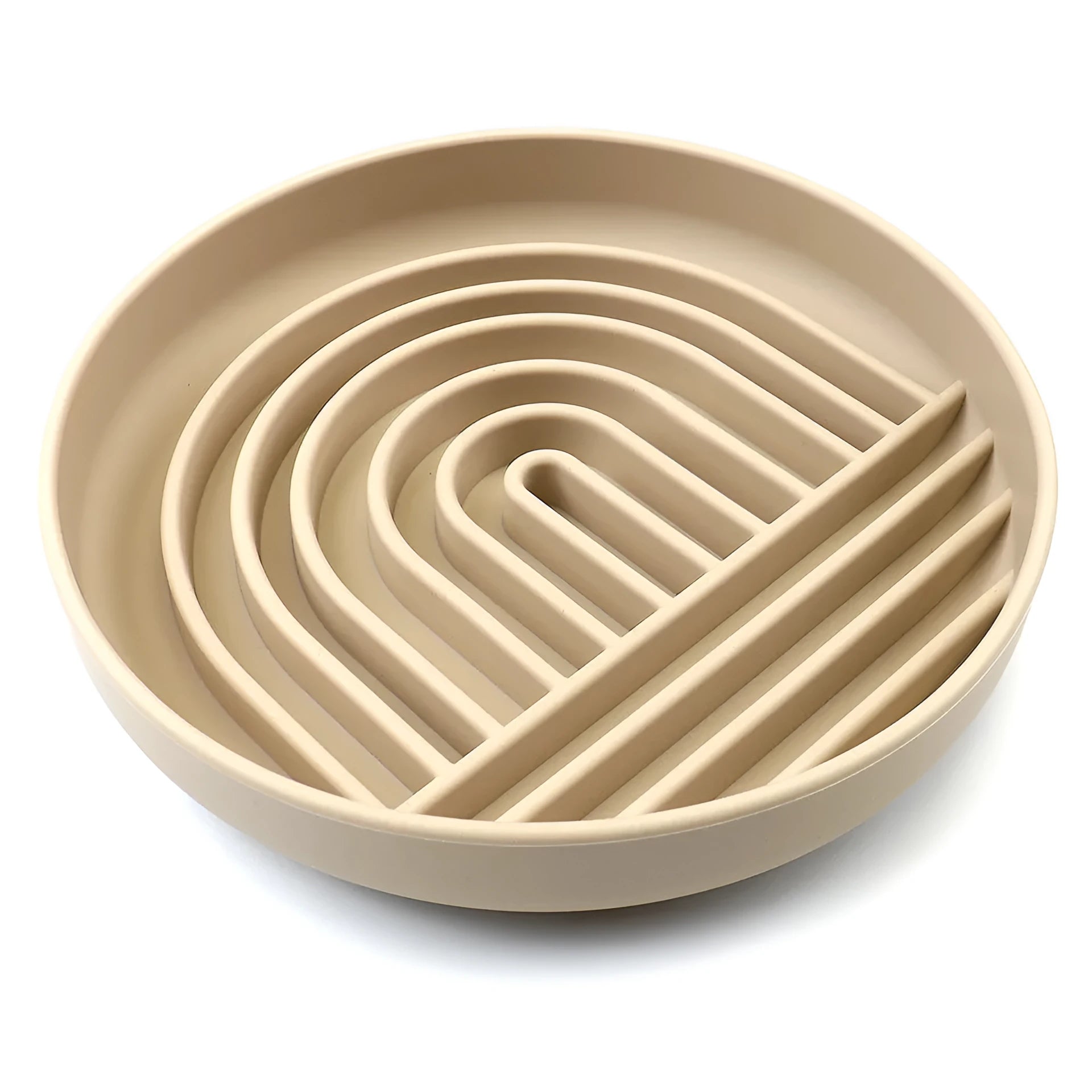 Silicone slow feeder dog bowl with ridge design, shown in beige colour, acting as a lick mat.