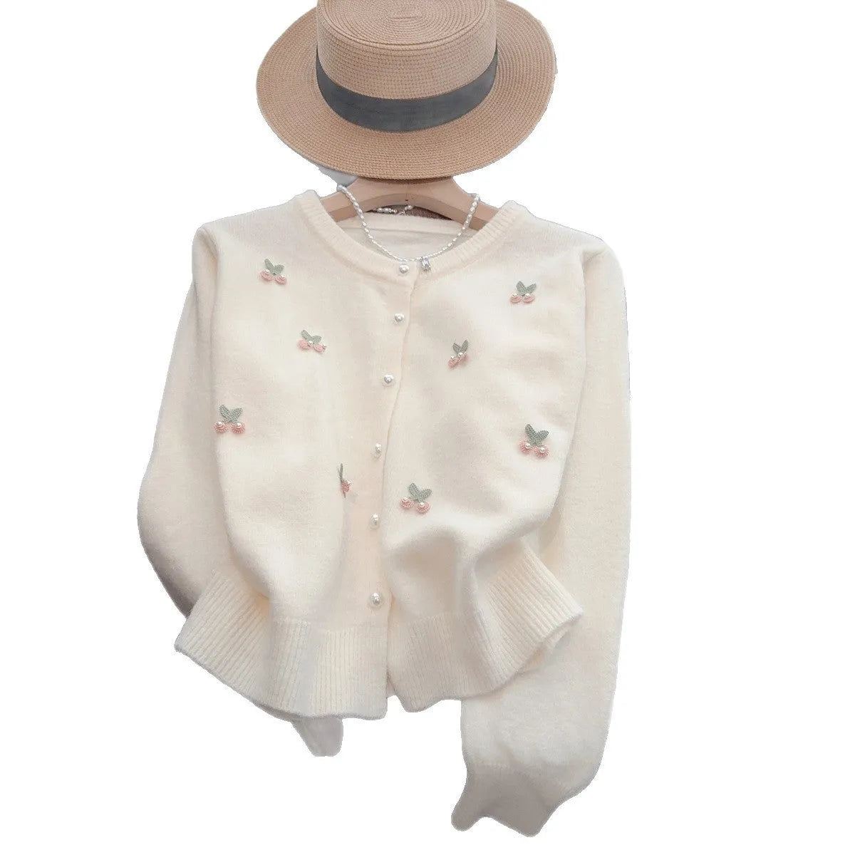 Women's beaded cardigan sweater in free size available in four colours with round neck design