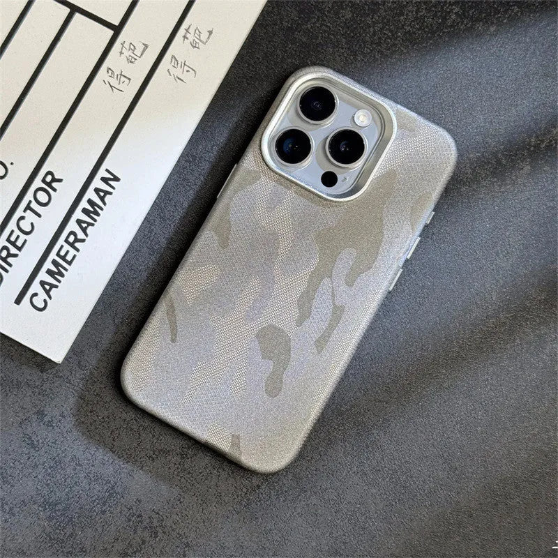 Magnetic camouflage leather phone case for iPhone with shockproof anti-fingerprint fabric finish in dark purple