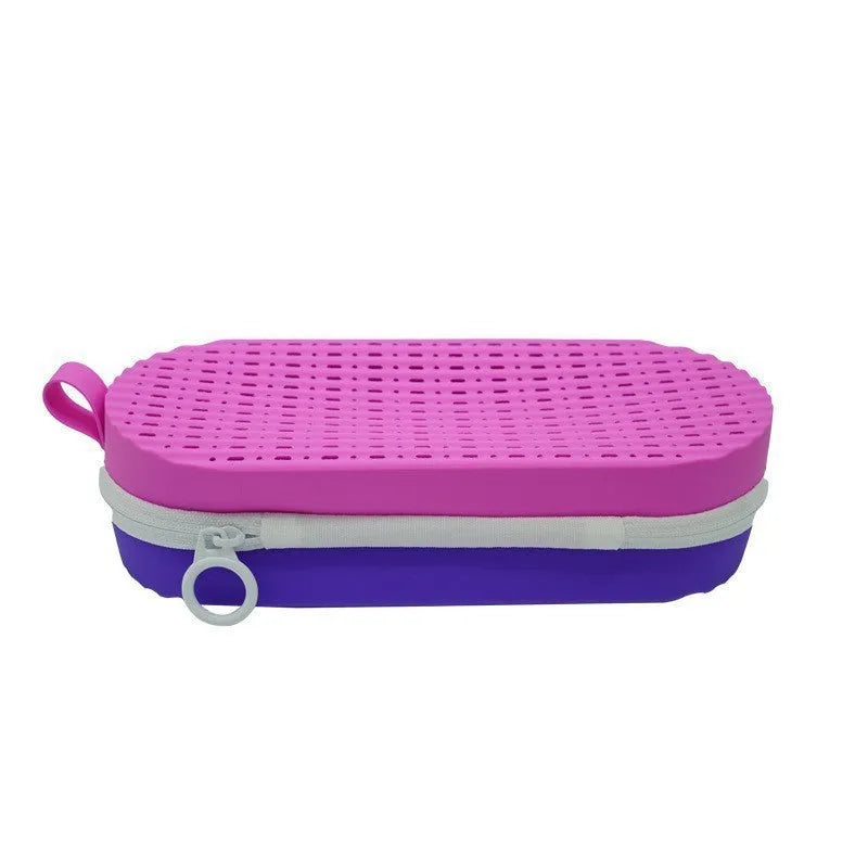 Silicone hard-shell glasses case with long hand in various colours including rose red light purple and black.