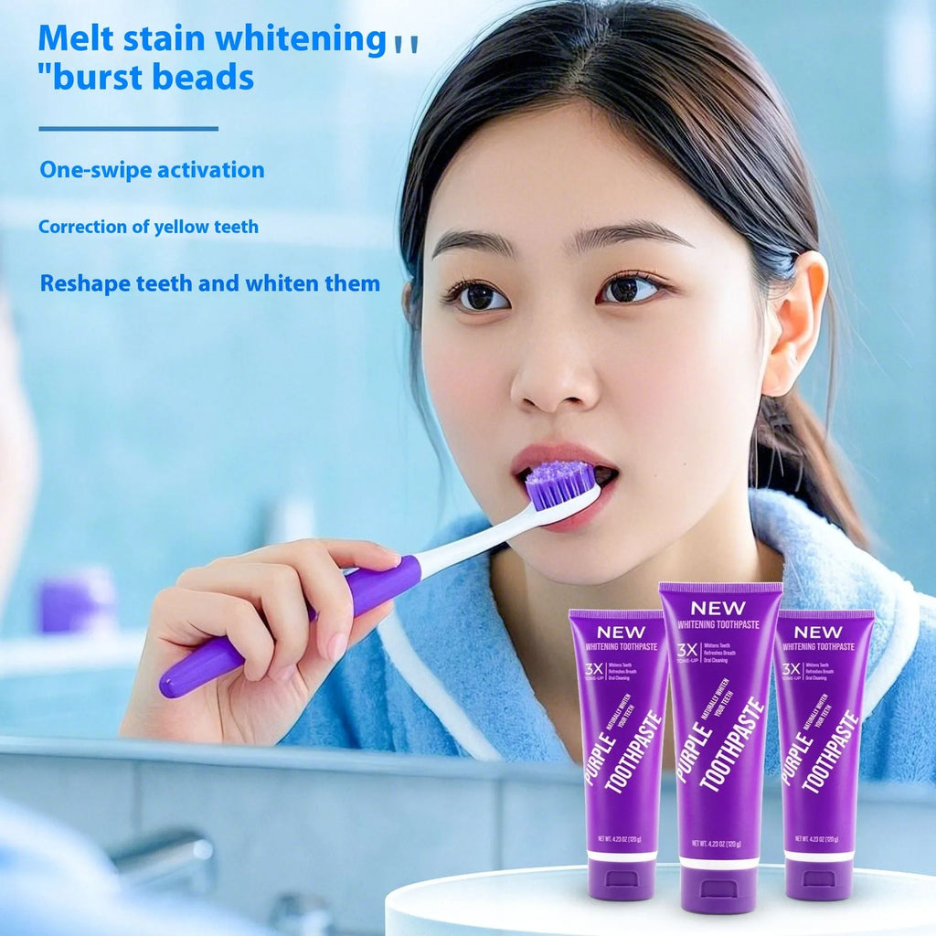 Purple whitening toothpaste tube for adults to remove yellow stains, showing 120g and 65g size options