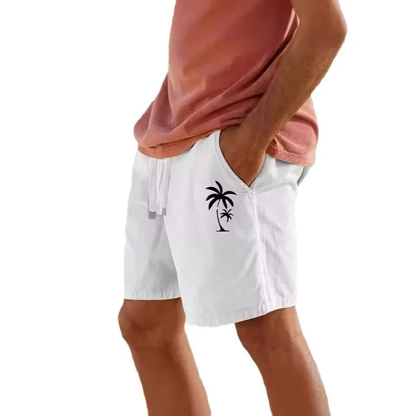 Men's straight leg cotton blend drawstring beach shorts with botanical heat transfer patch pattern