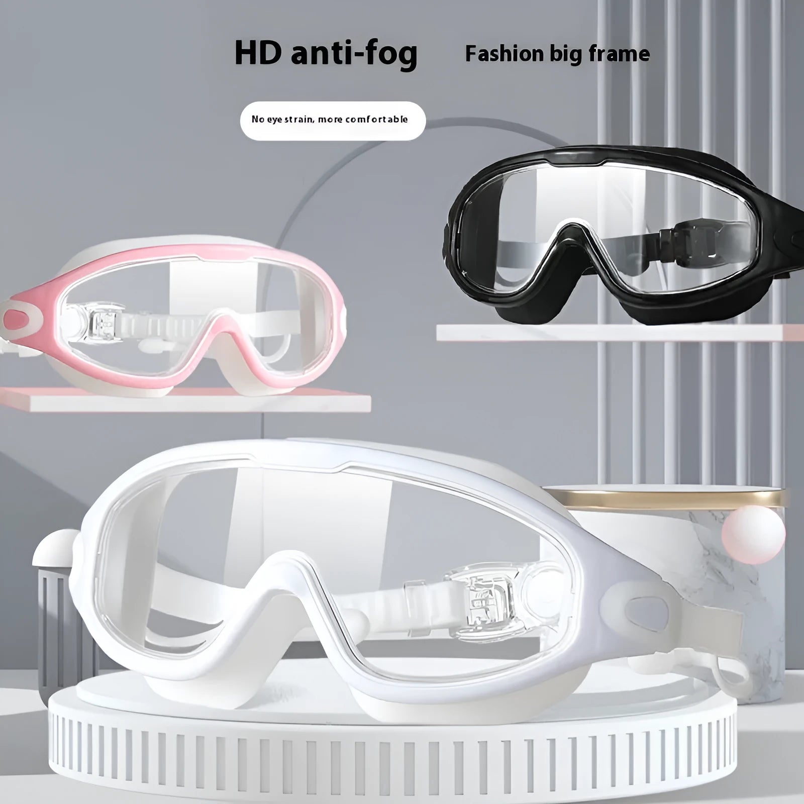 HD waterproof anti-fog large frame swimming goggles in transparent-8032 for adults