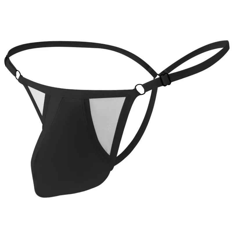 Men's Ice Silk nylon T-back briefs with thin straps and adjustable low-rise waistband.