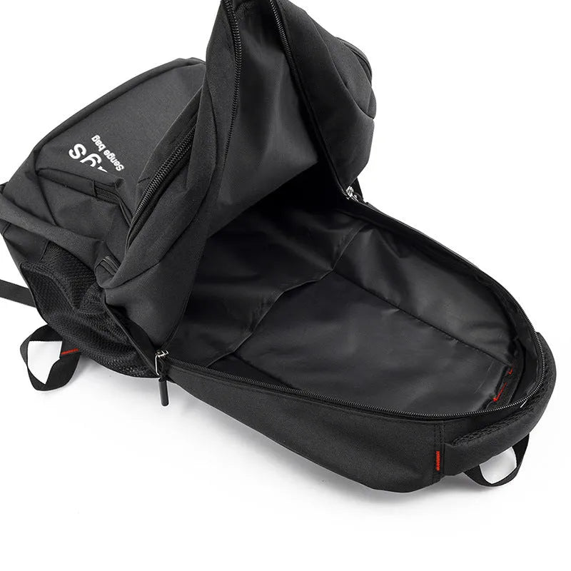 Street style nylon travel backpack showing multiple compartments including laptop sleeve, shown in dark green colour