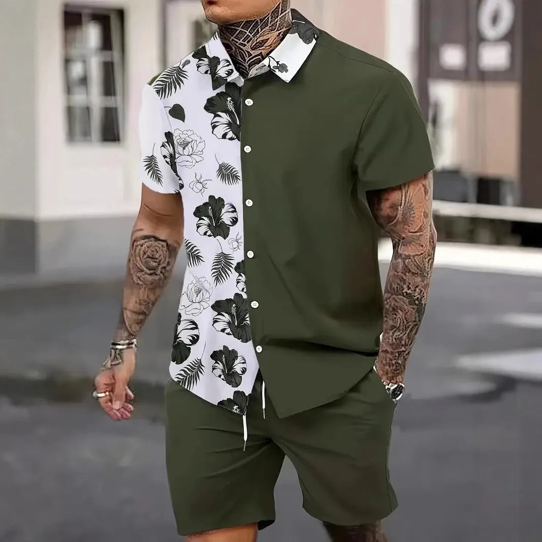 Men's 3D printed Hawaiian shirt and shorts co-ord set in a casual style.