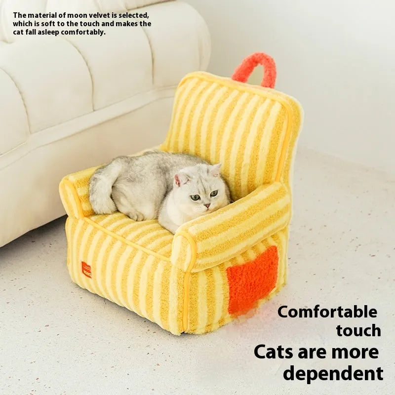 Striped plush velvet pet bed with removable cover for dogs in orange colour