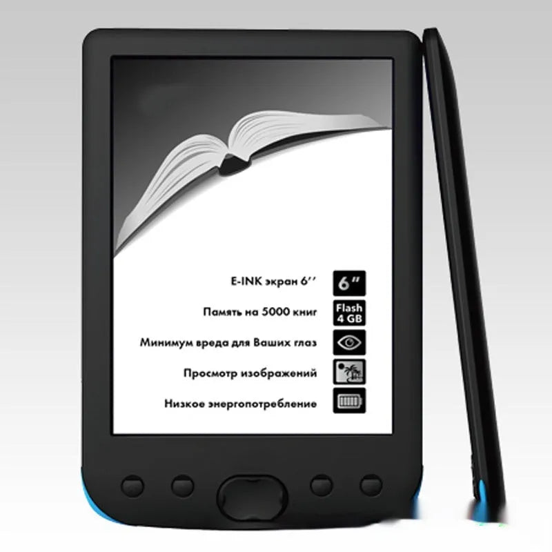 Black 6-inch E-ink screen e-book reader showing its front display.