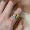 Women's geometric open ring with water drop double sheng stone and contrasting colour zircon on copper band