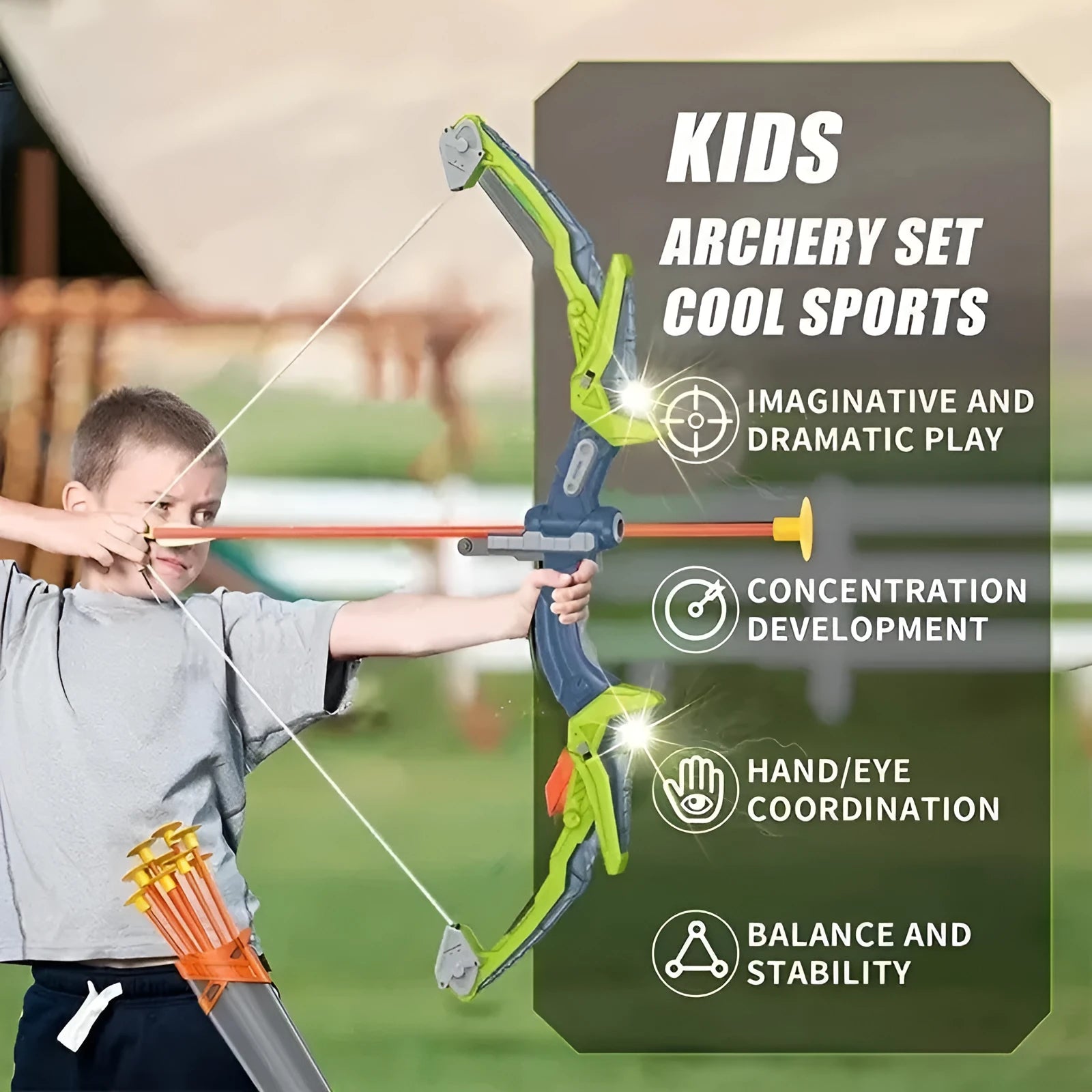 Children's bow and arrow set with green detachable bow, target tube, and light-up arrows on grass. Blue and pink colour options available.