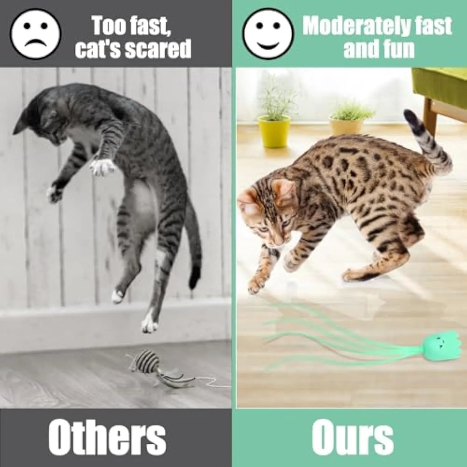 Green electronic cat wand toy with swinging silicone tails for indoor cat entertainment