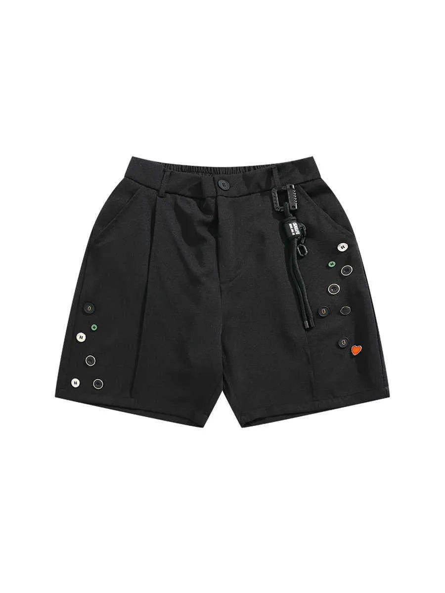 Black loose-fit semi-elastic shorts with button and zipper closure on a mid-rise waist