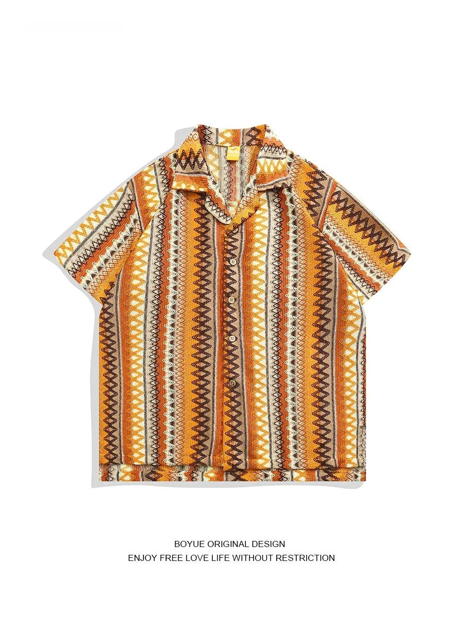 Ethnic woven Cuban collar shirt with drop-shoulder sleeves and loose fit design