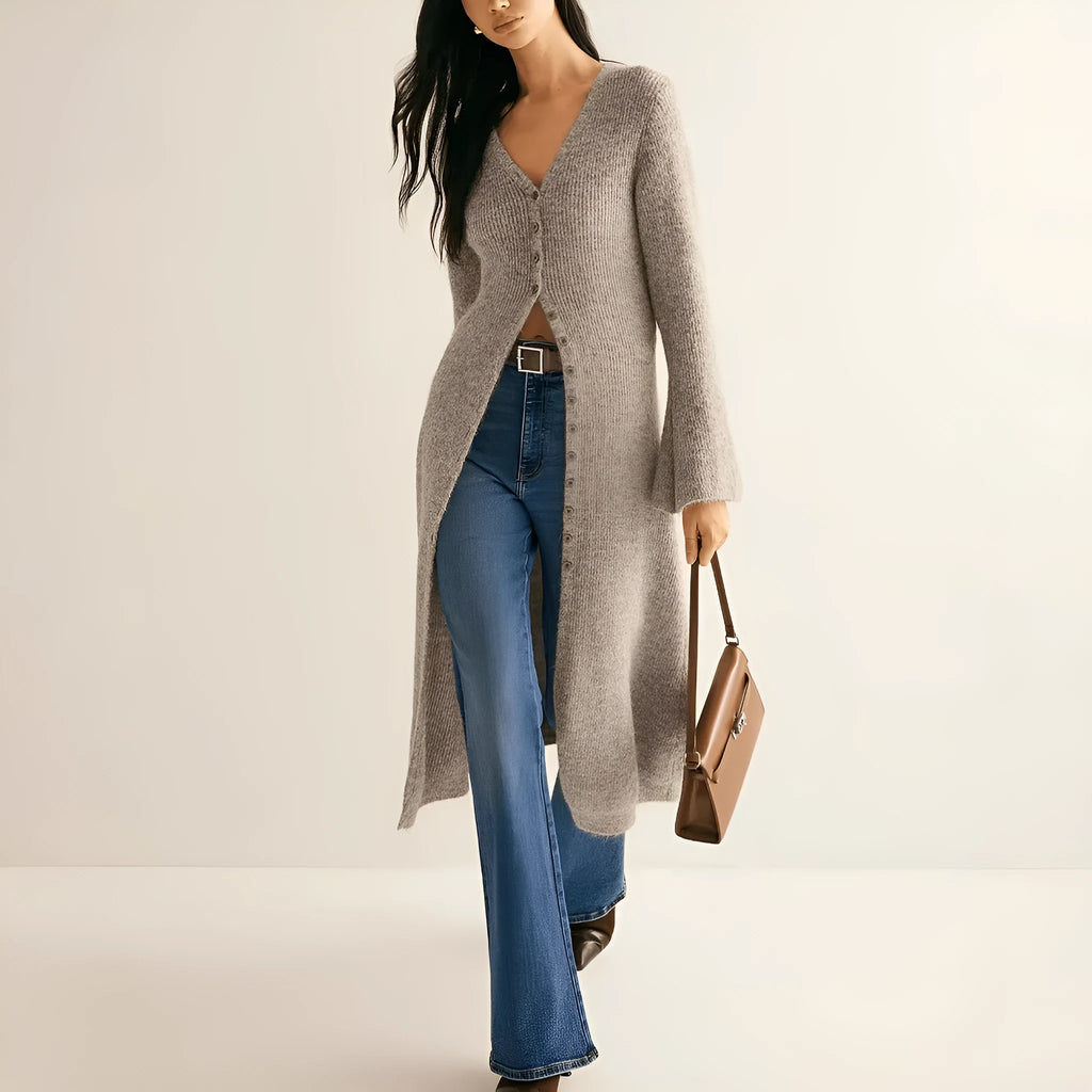 Khaki French retro long sleeve cardigan with button front on a model.