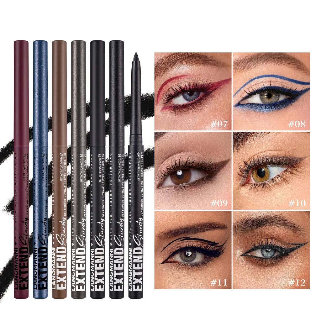 Set of 12 colourful gel glitter eyeliner pencils with matte, glitter, metallic, and pearl finishes