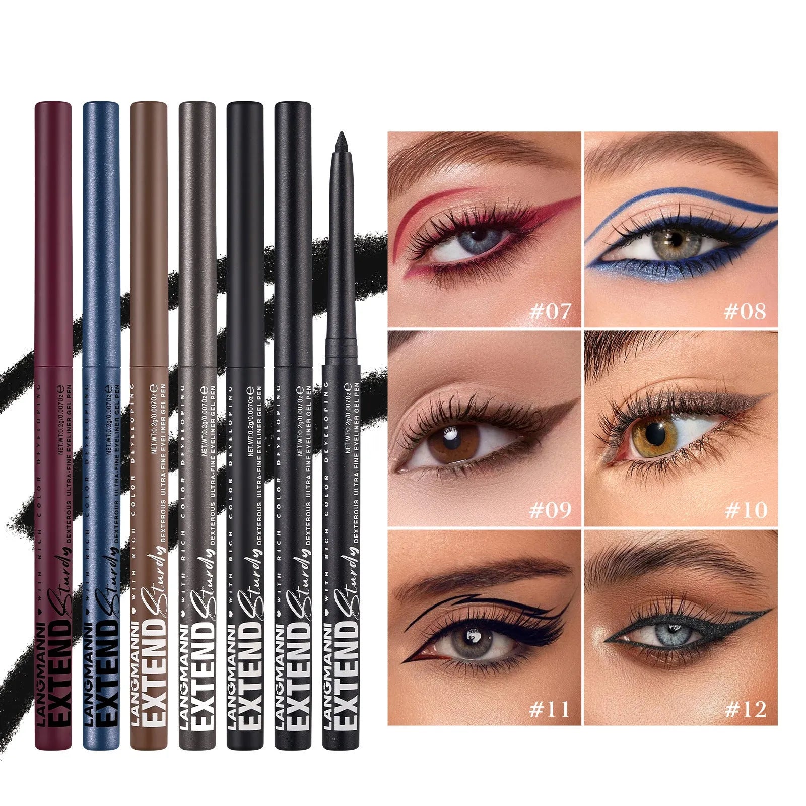 Set of 12 colourful gel glitter eyeliner pencils with matte, glitter, metallic, and pearl finishes
