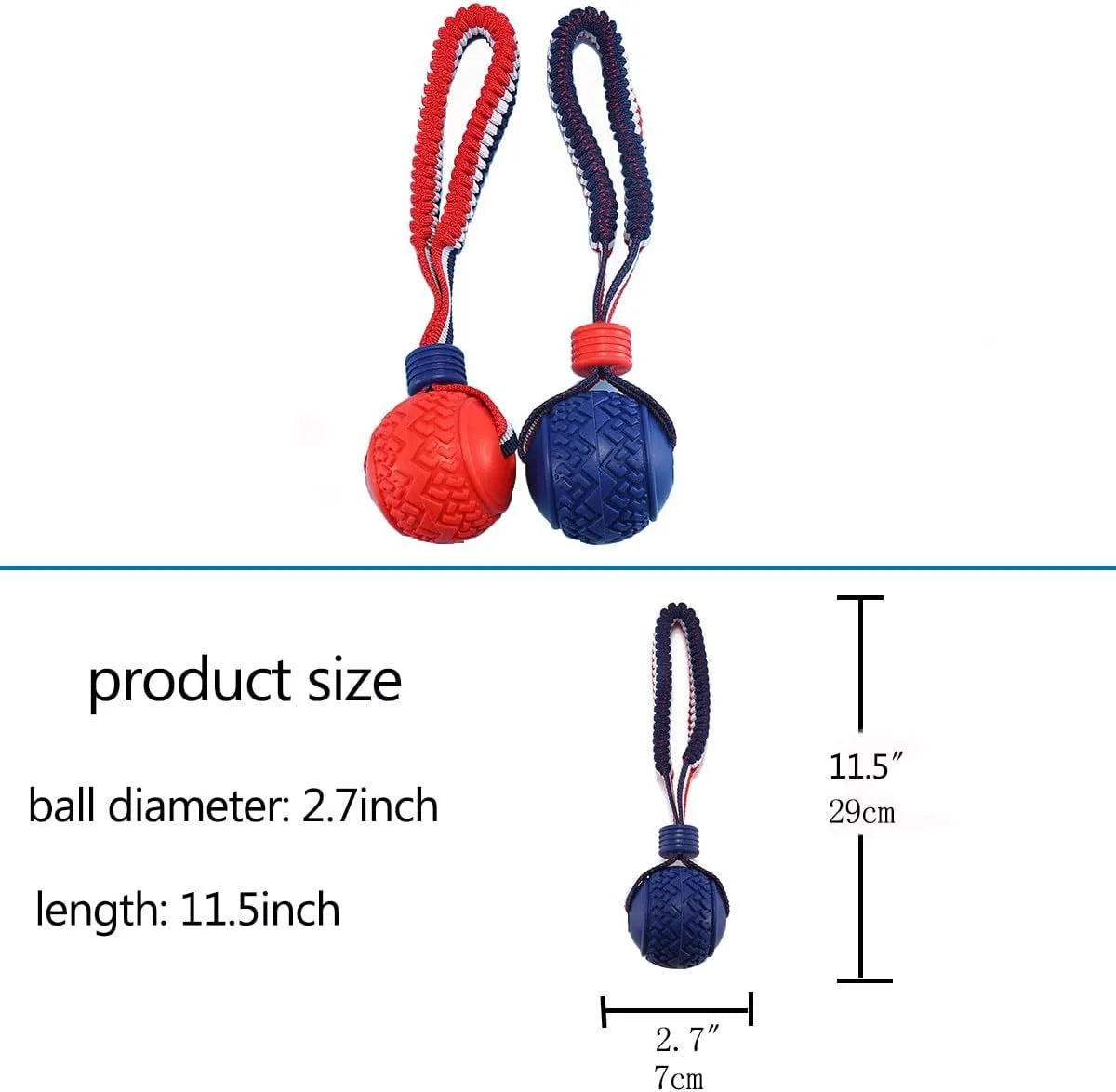Blue dog ball with rope toy for small dogs, showing textured surface and 29cm length.