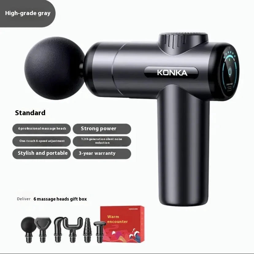 Konka V19 mini electric massage gun in grey colour with multiple massage heads on a red box.
