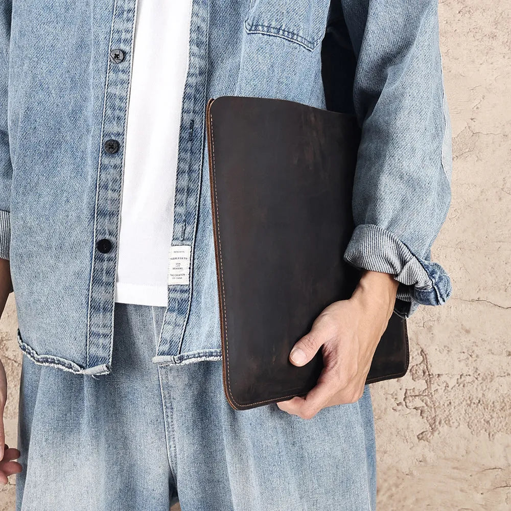 Genuine crazy horse leather computer liner bag in brown colour showing organisational compartments