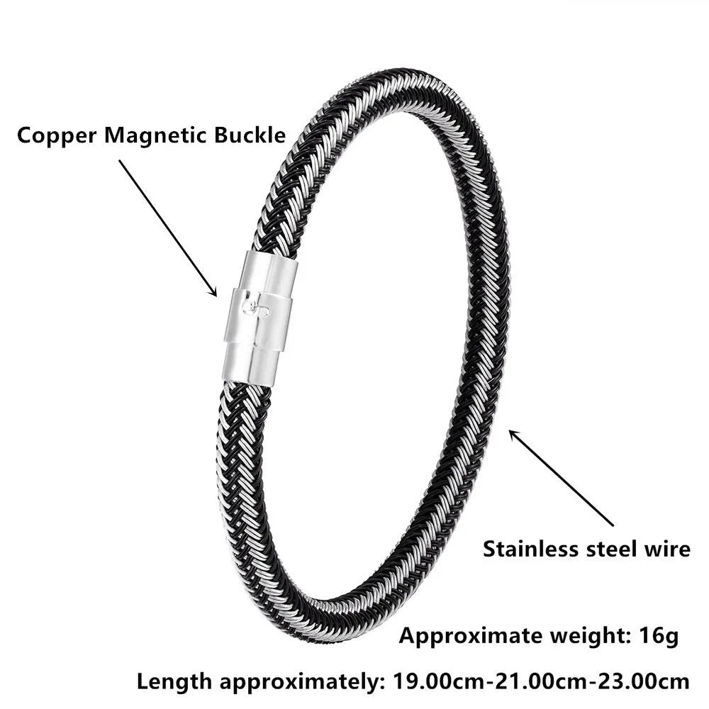 Titanium steel geometric wire bracelet with magnetic clasp on a wrist, showing unisex boyfriend style.