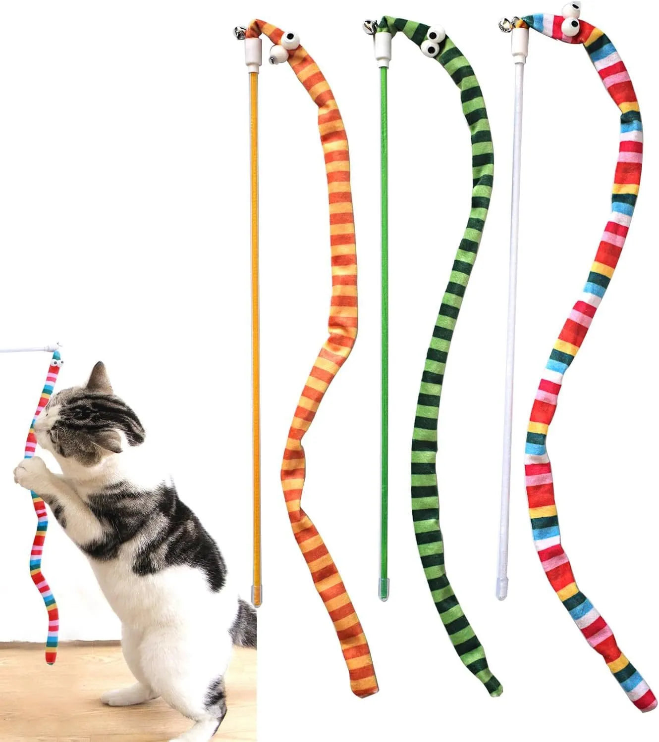 Cat wand toy with polycarbonate pole and plush strip in green, orange, and rainbow colours