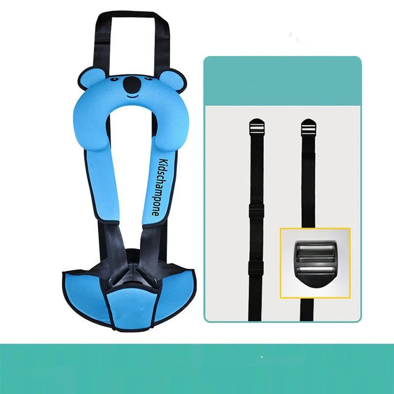 Portable child safety seat belt retainer in polyester fabric for children 12-36kg.