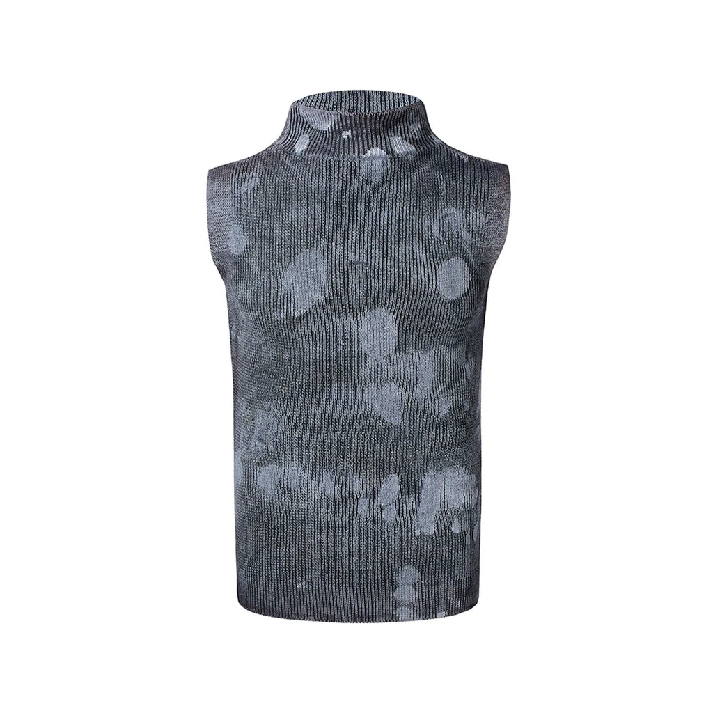 Men's black silver pastebrushing stretch wool sleeveless turtleneck vest with a stand collar.
