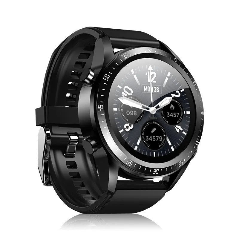 Black smart watch with health monitoring features on silicone wrist strap